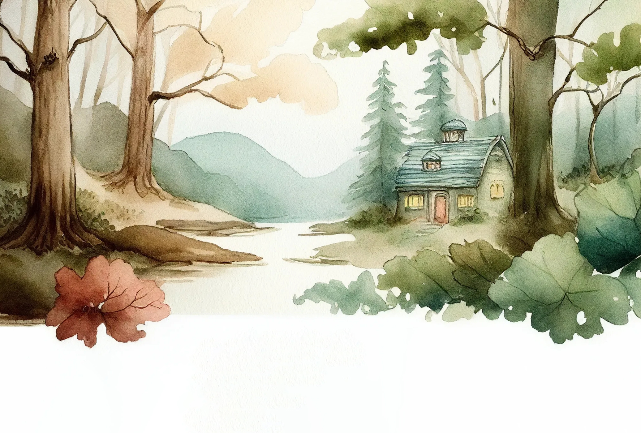 森の中の小さな家の水彩画