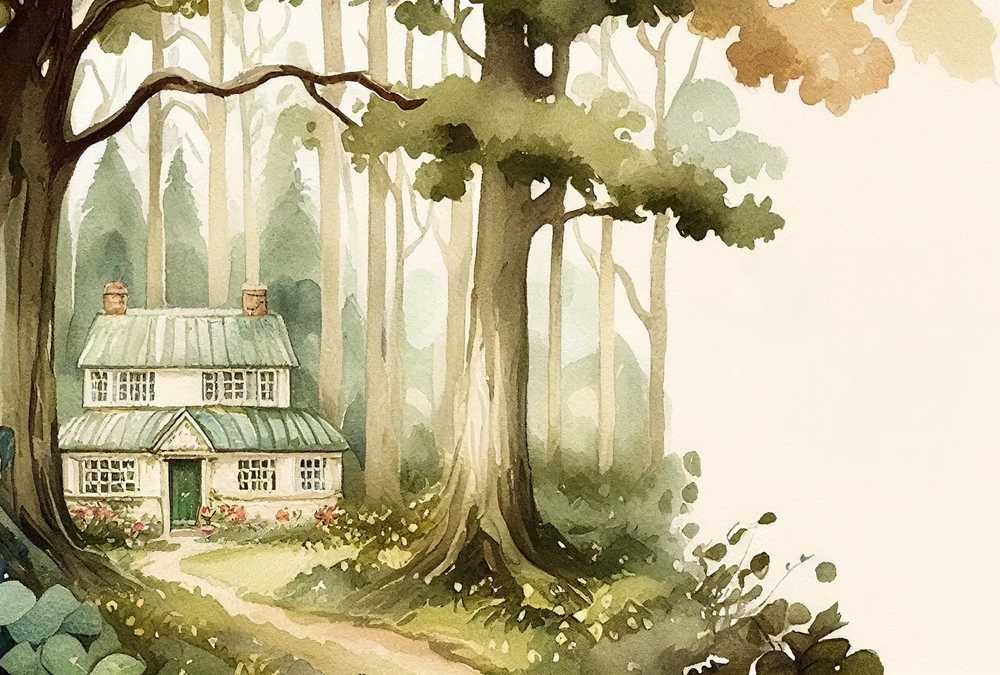 森の中の小さな家の水彩画