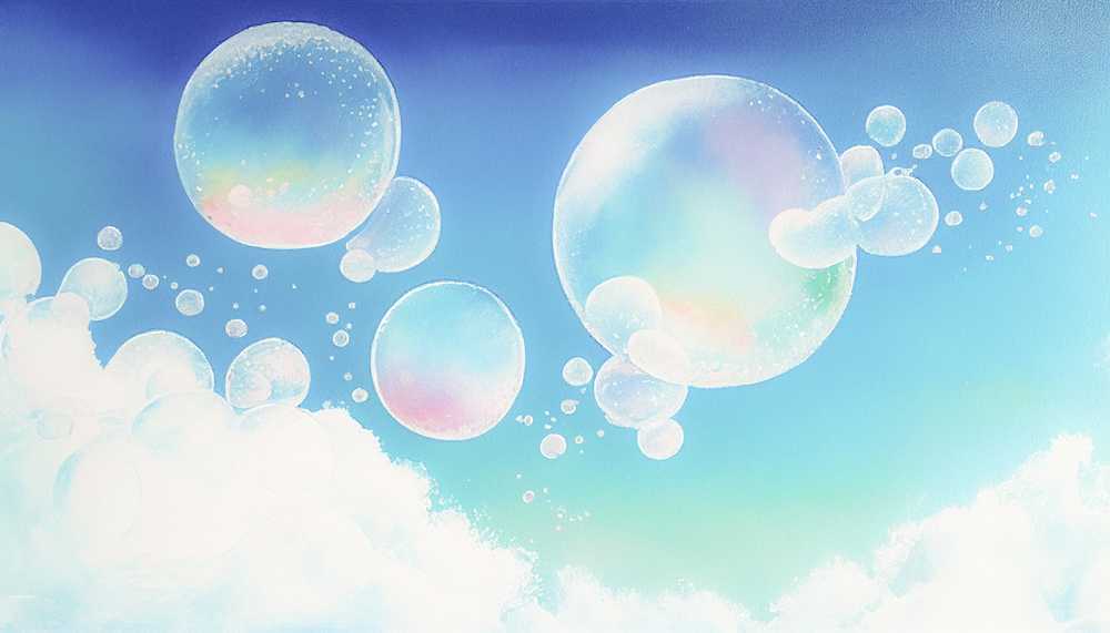青空に浮かぶシャボン玉の水彩画
