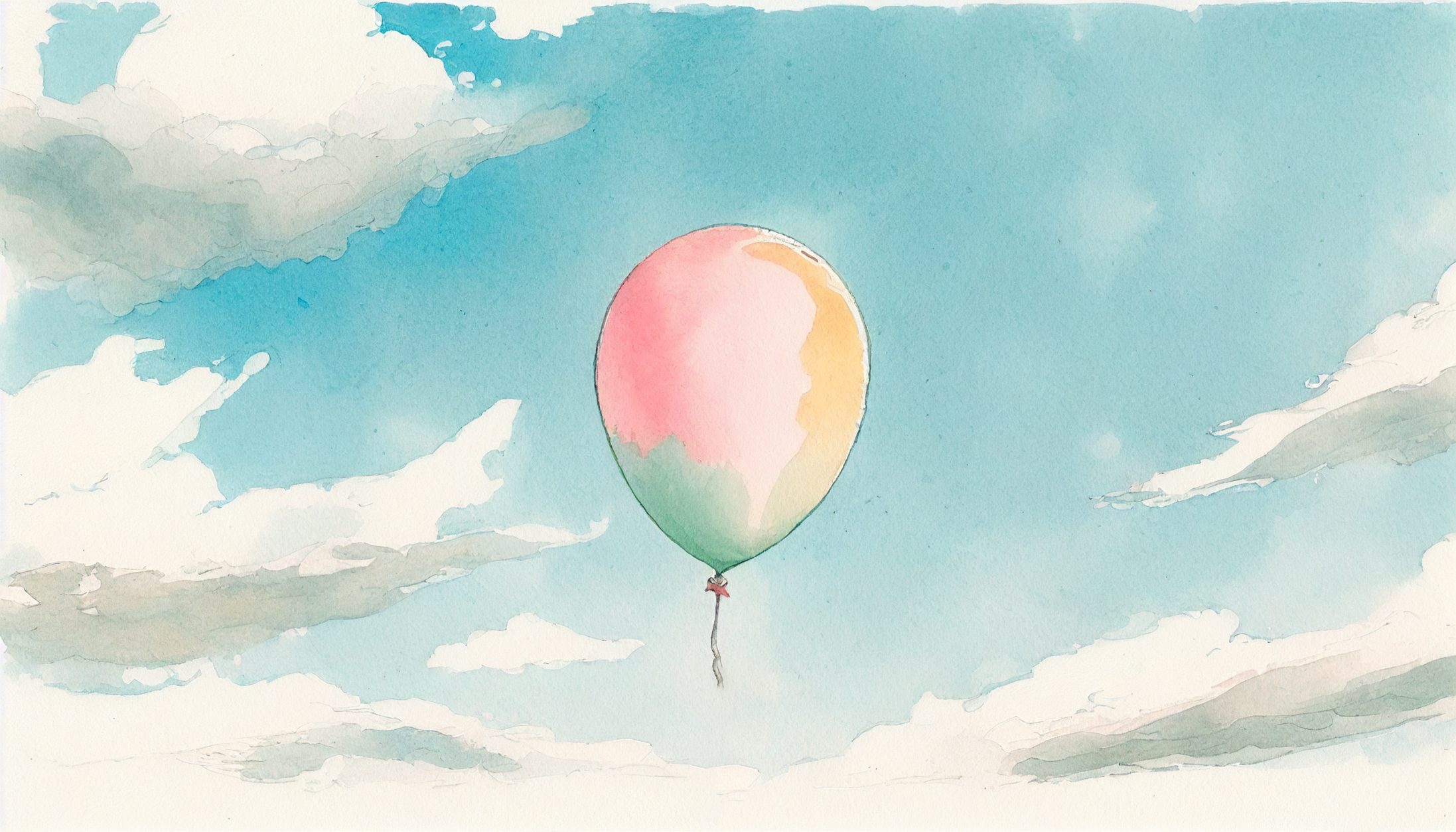 青空に浮かぶピンク色の風船の水彩画