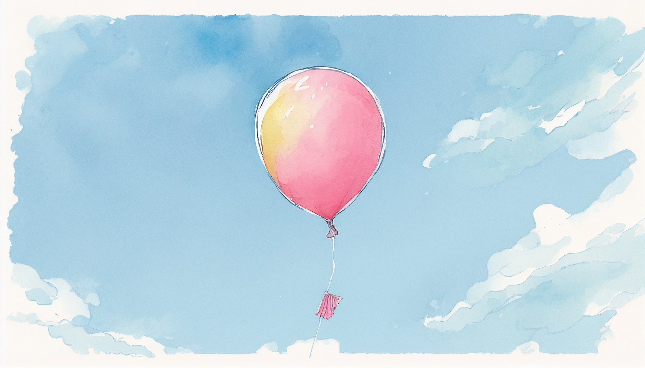 青空に浮かぶピンク色の風船の水彩画