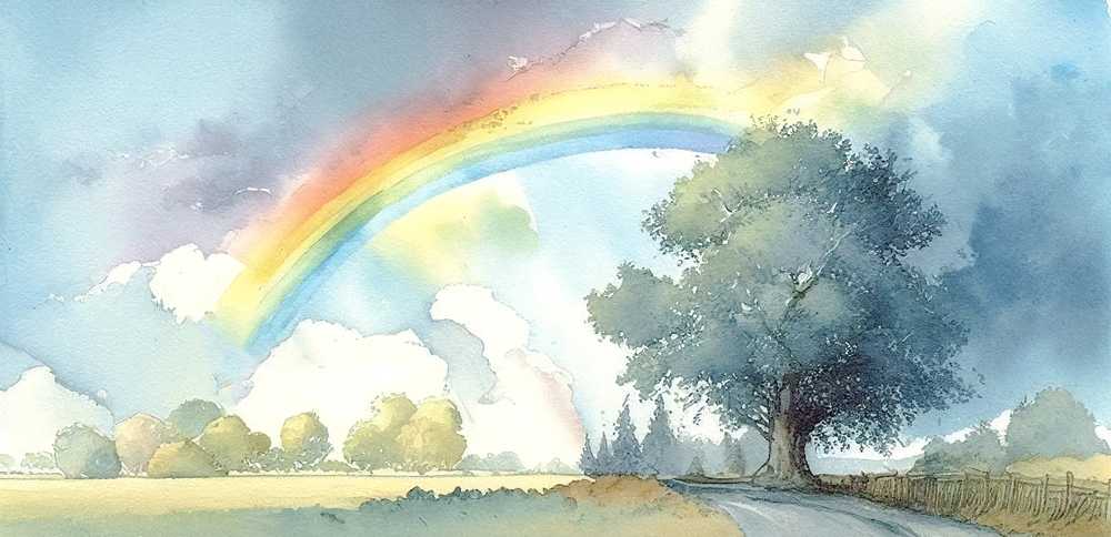 虹の風景水彩画
