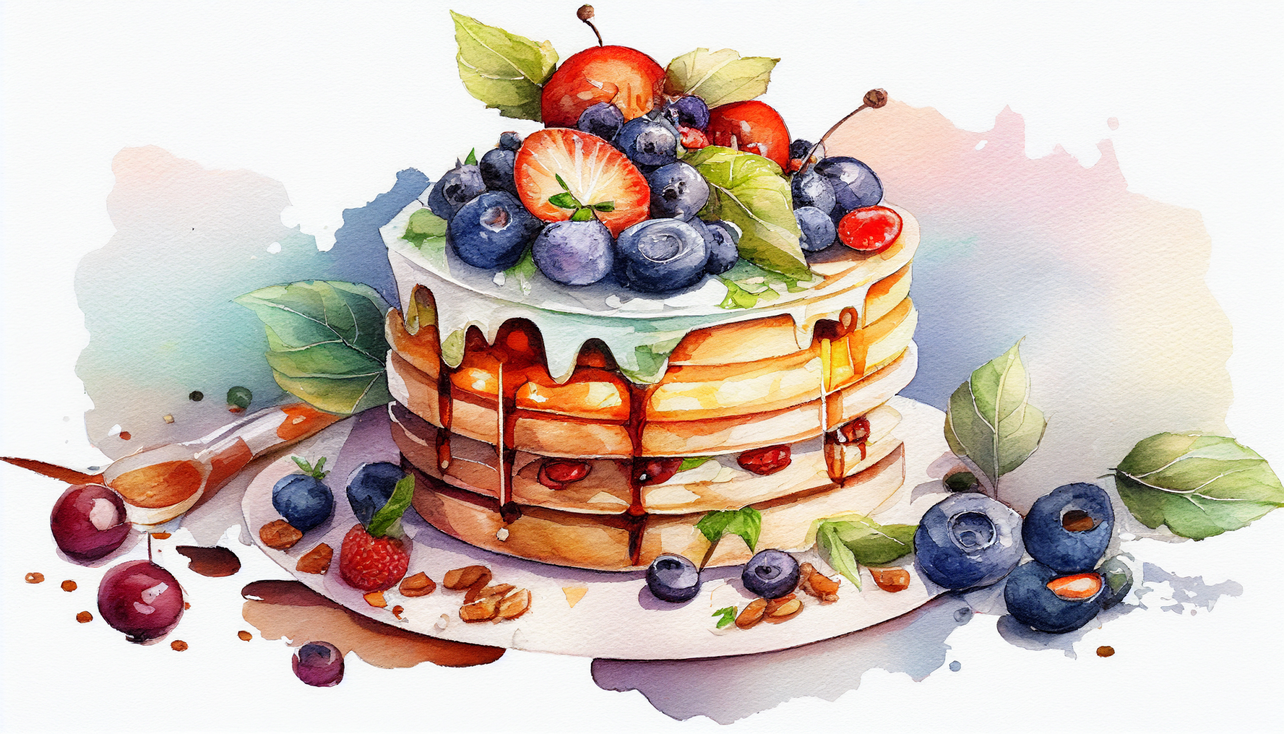 フルーツたっぷりのパンケーキの水彩画