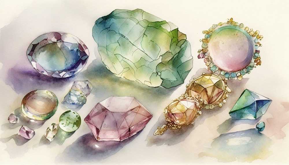アンティークアクセサリーと宝石の水彩画