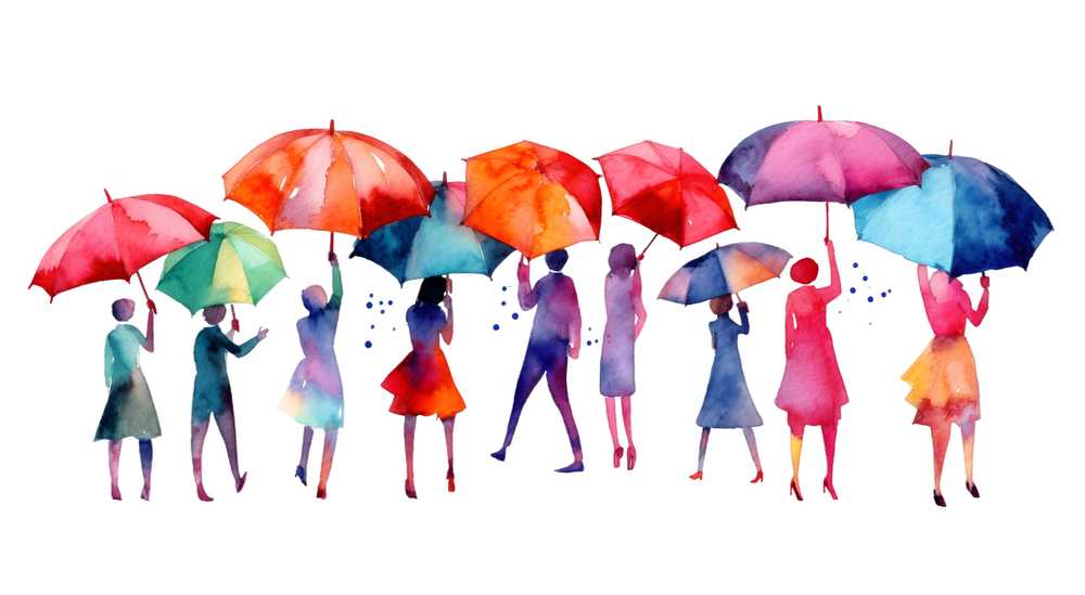 楽しそうに傘を指す人々のシルエット