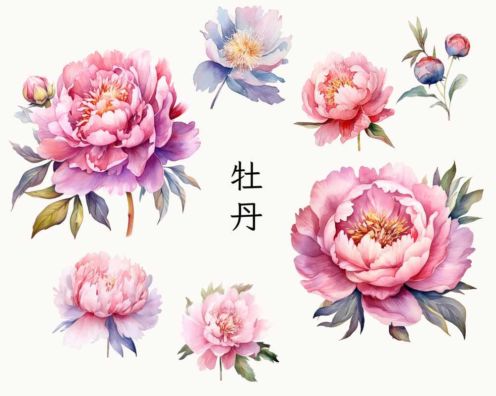 ピンクの牡丹の花のイラストセット