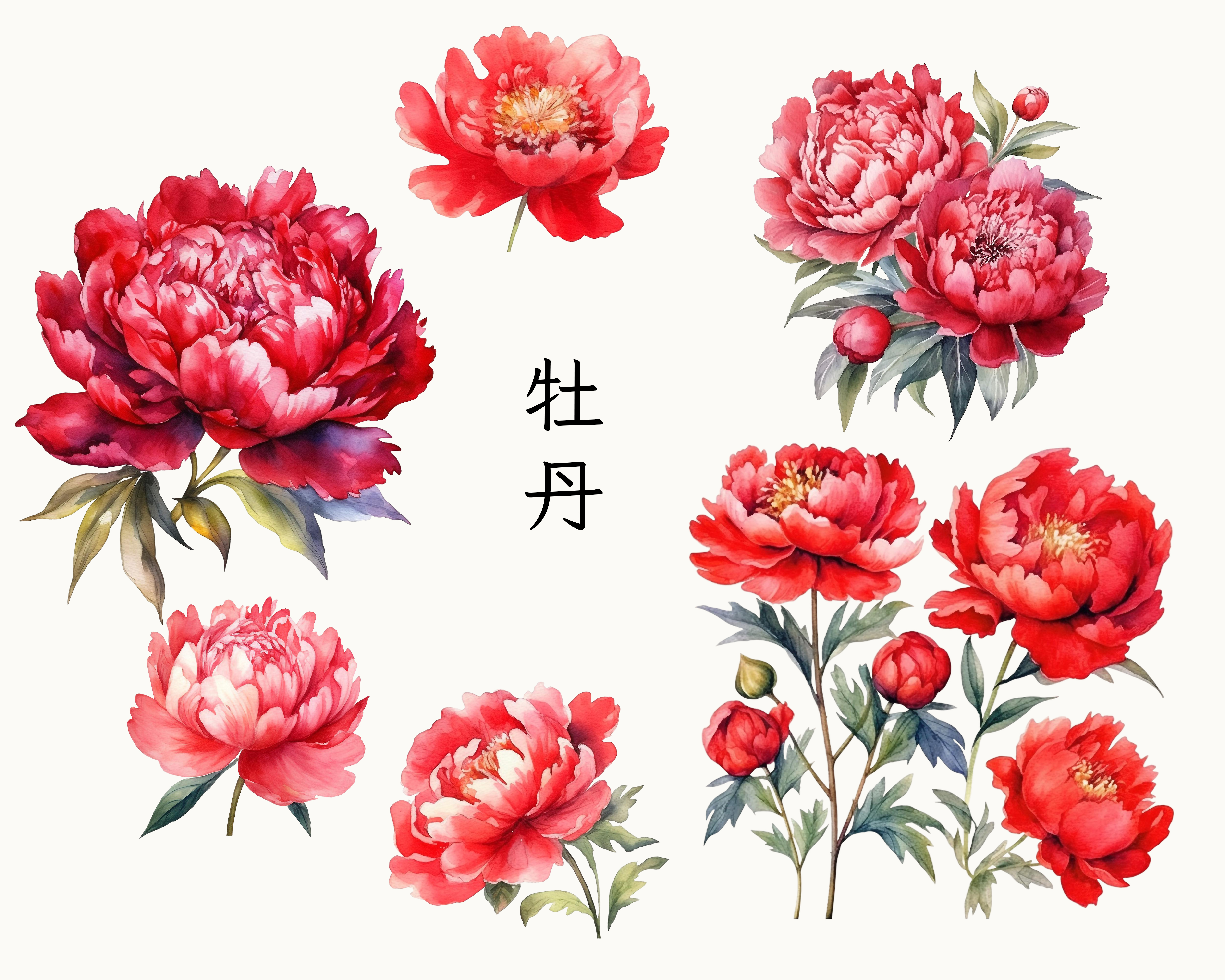 赤い牡丹の花のイラストセット