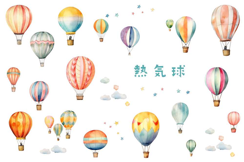 かわいい熱気球の水彩画イラスト
