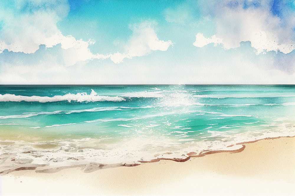 砂浜と海の水彩画