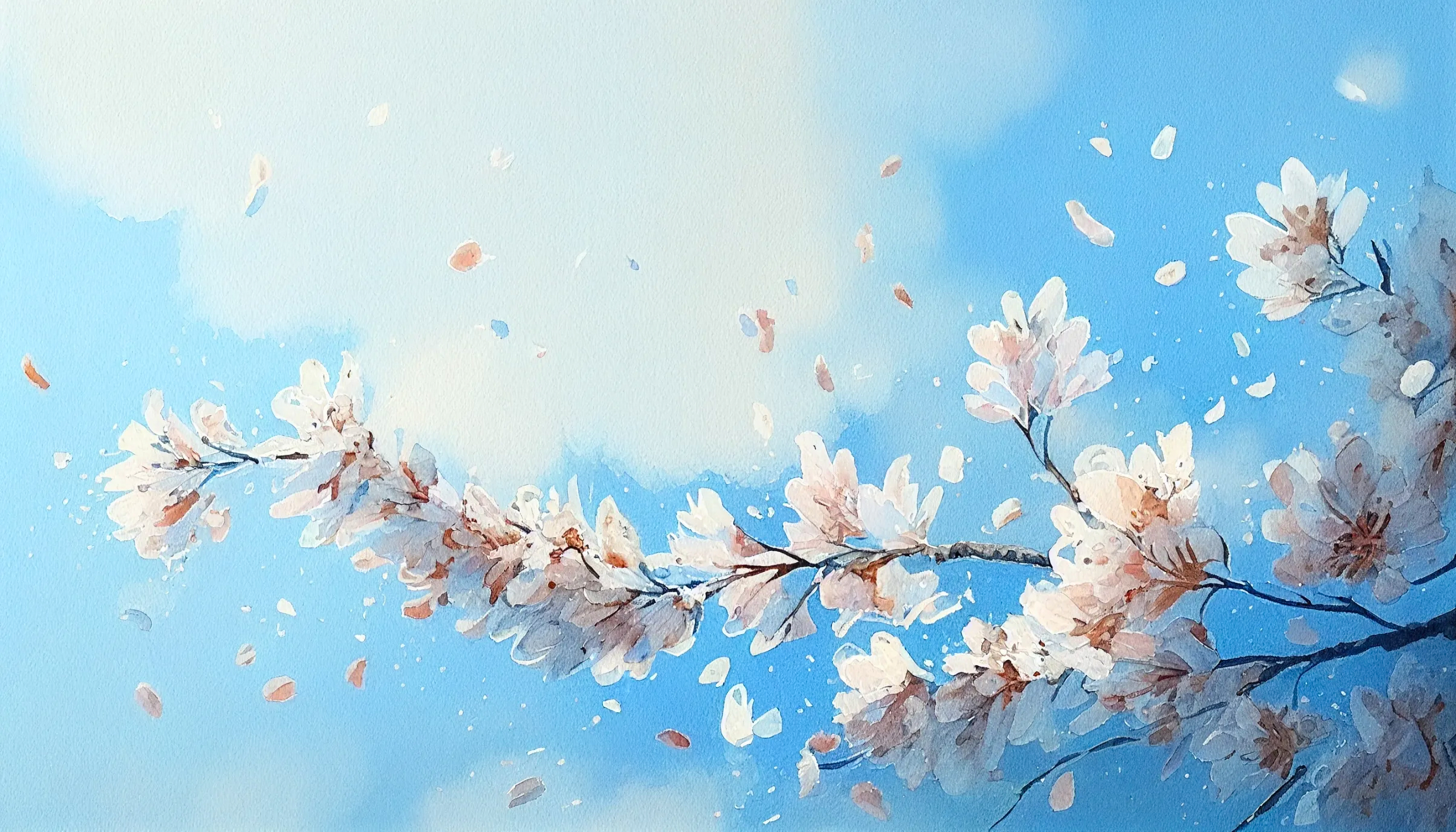 青い空と桜の花の水彩画