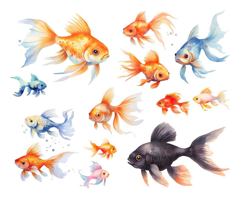 色々な金魚の水彩画イラスト