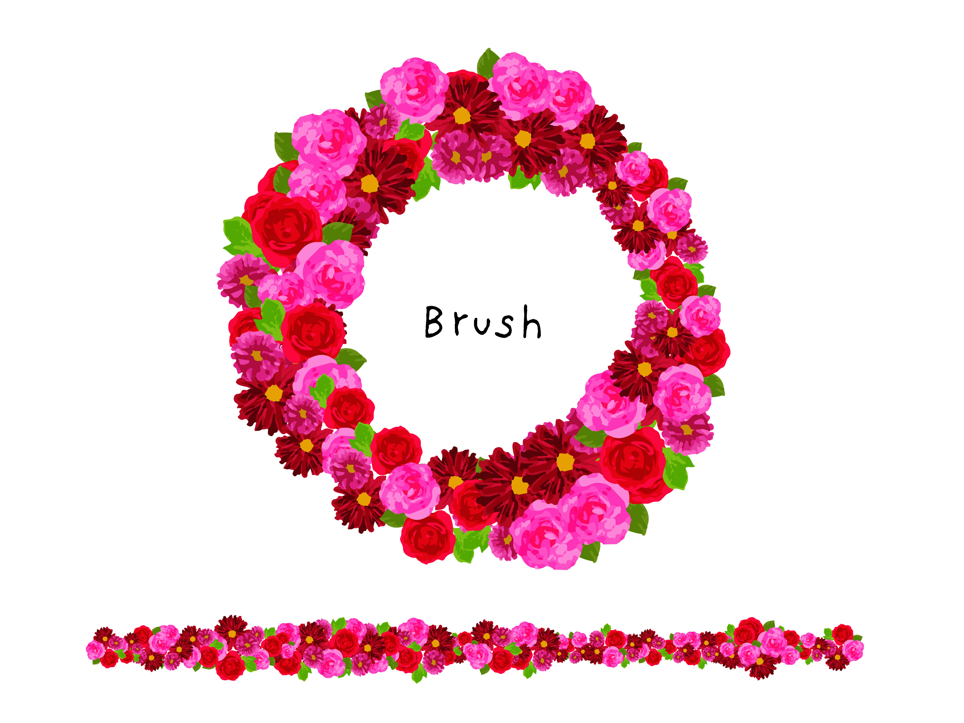 ピンク系の色々な花のリース（illustratorブラシ）