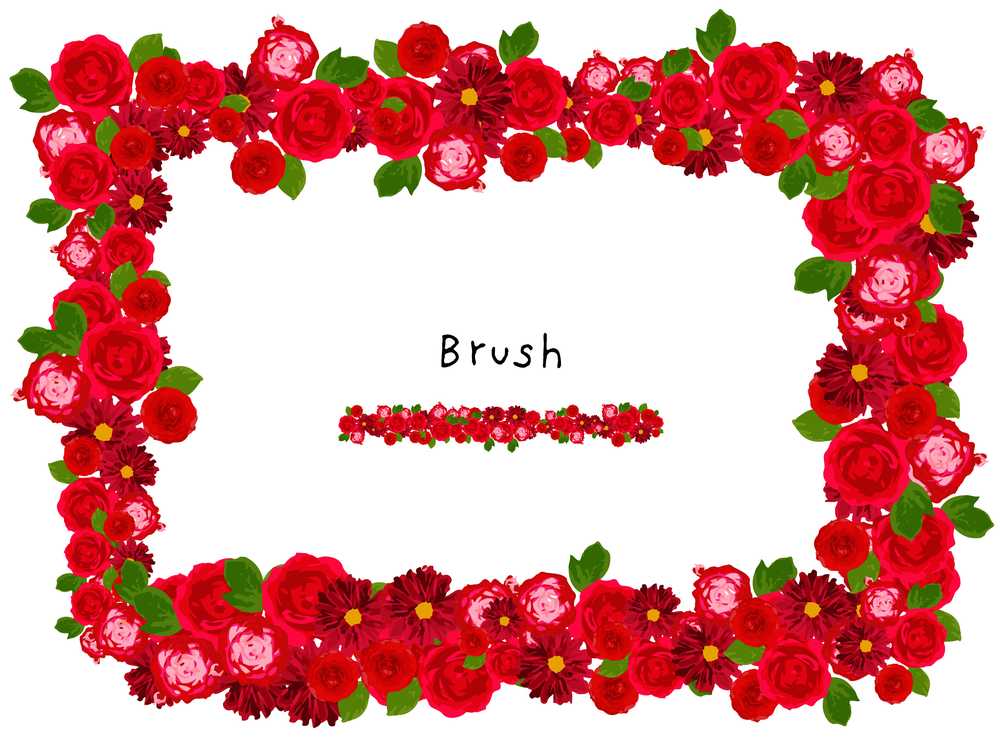 赤い色々な花の四角形リース（illustratorブラシ）