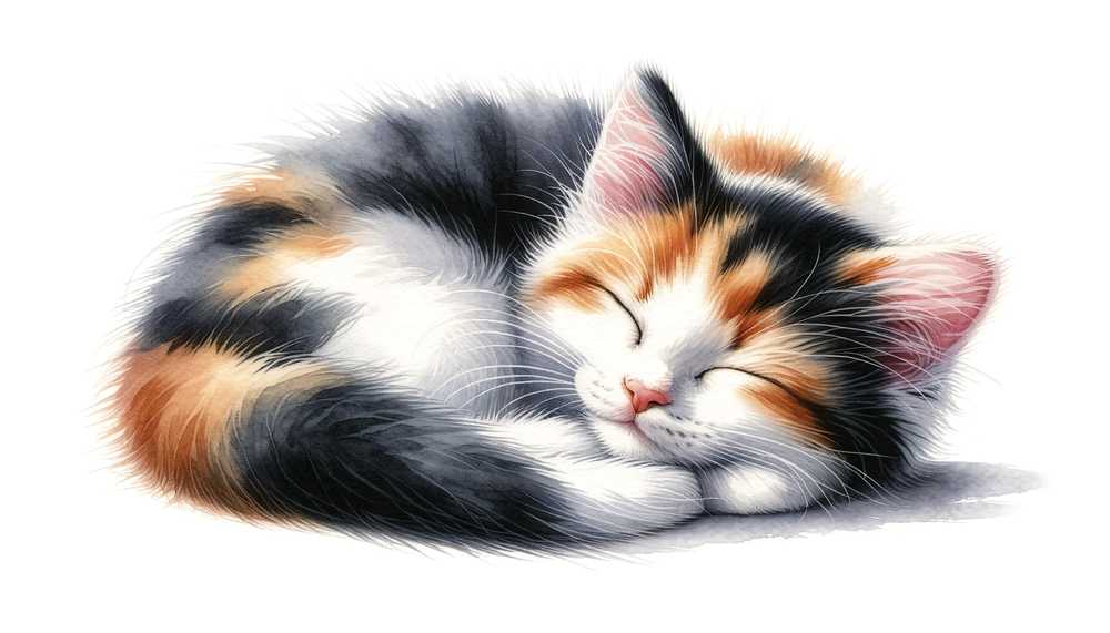 寝ている三毛猫の水彩画