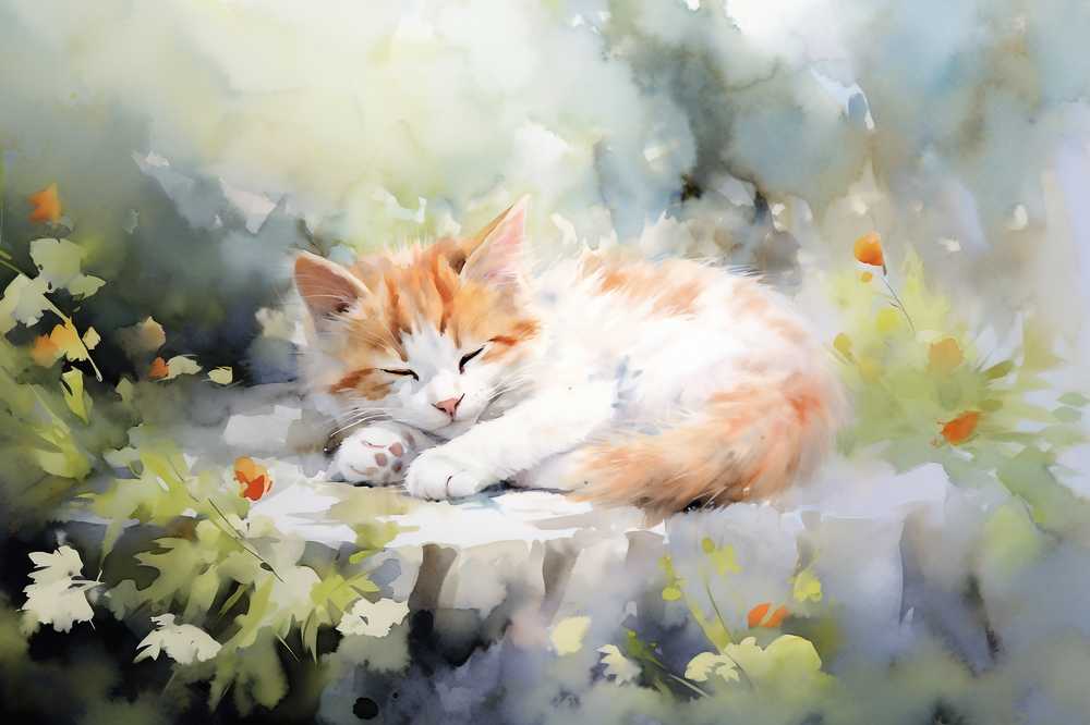 眠っている子猫の水彩画