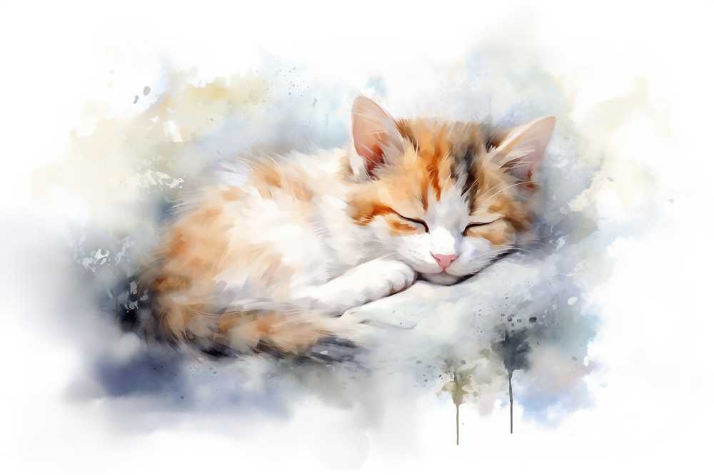 眠っている子猫の水彩画